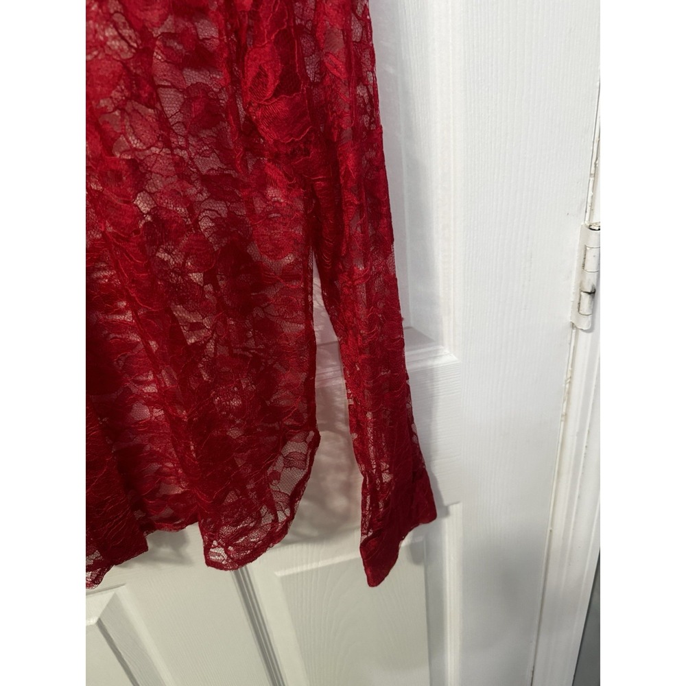 Christopher Kane Womens S Red Floral Lace Sheer Button Front Long Sleeve Blouse - Picture 9 of 10